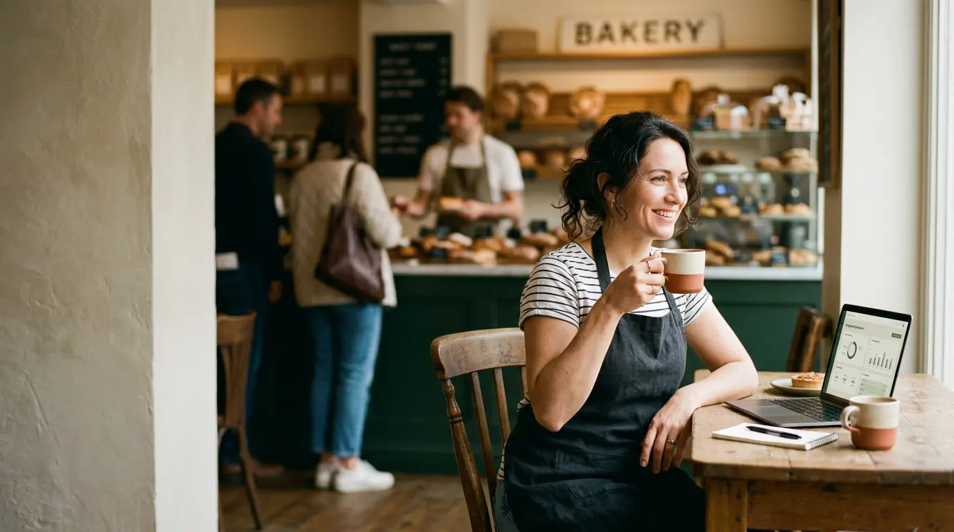 A bakery owner relaxing with a coffee while her shop runs smoothly behind her