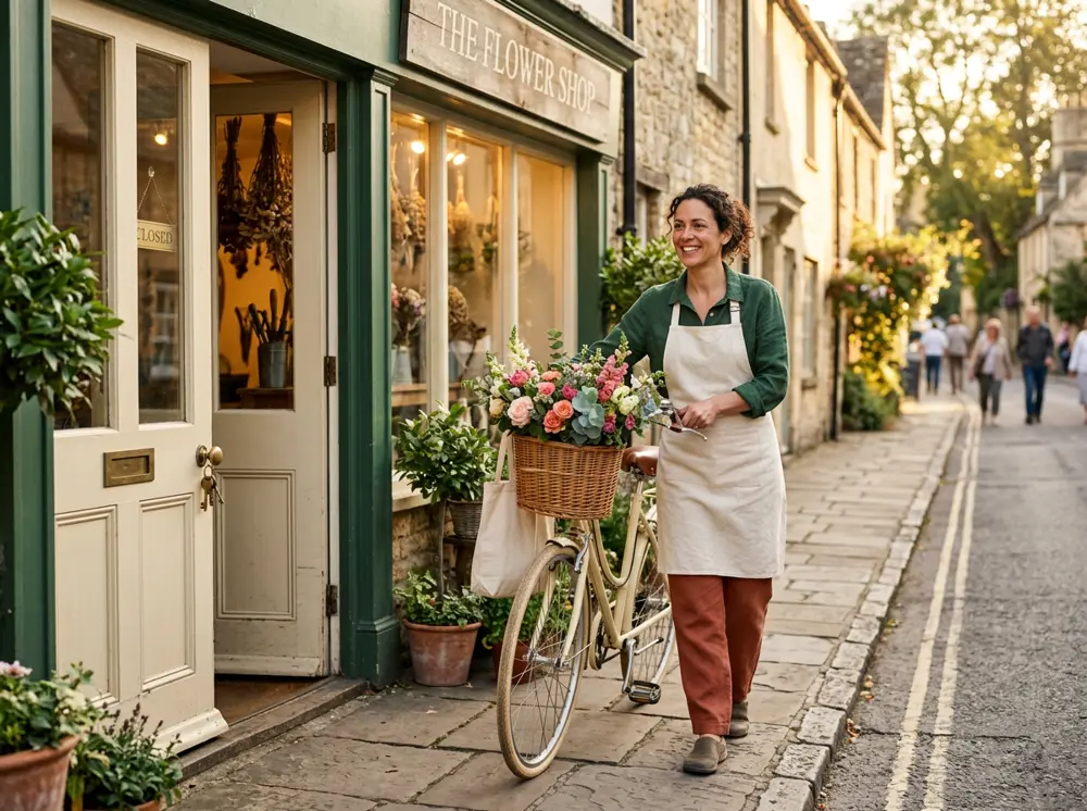 A florist closing up her shop early and heading home with her bicycle